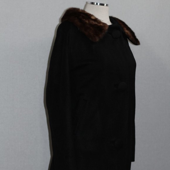 Fur Collar Black Wool Trench Coat - Picture 5 of 15